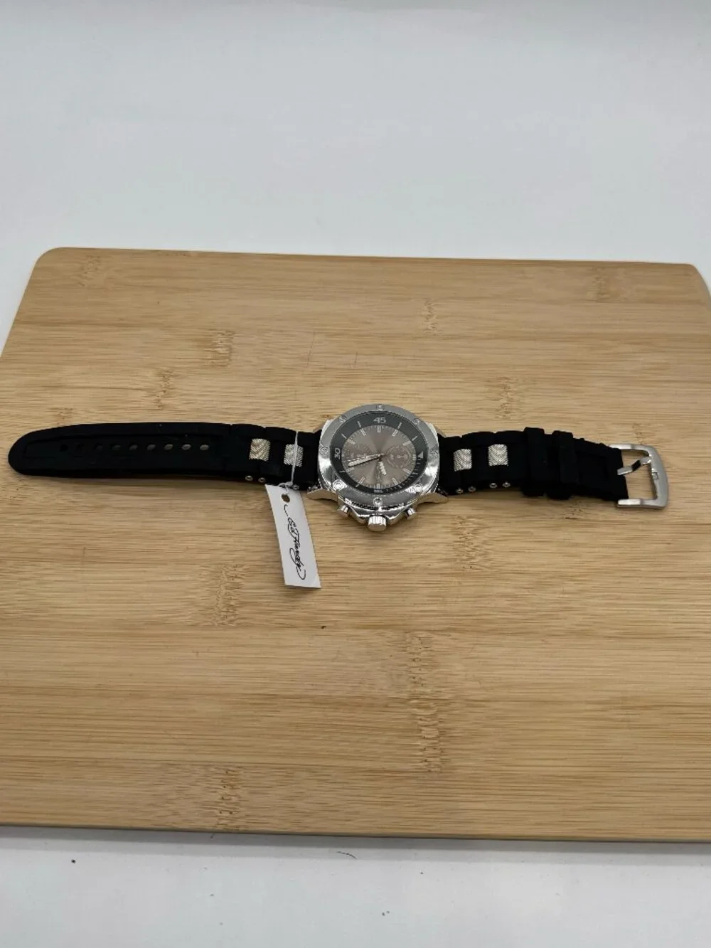 Ed Hardy Men's Silver Black Dial Black Silicone Band Quartz Watch